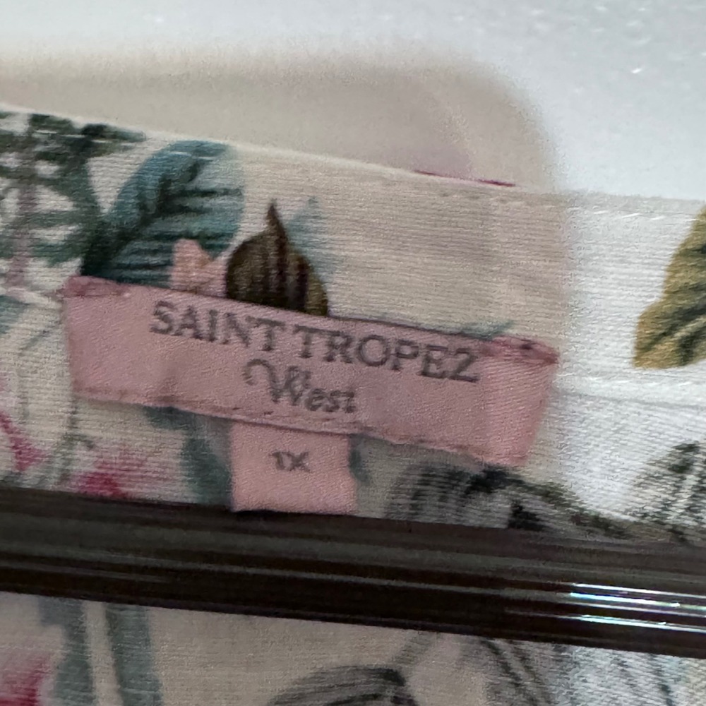Saint Tropez West Floral Linen Blend Babydoll Top 1X Pink White Roll Tab Sleeve‎ - Picture 3 of 14